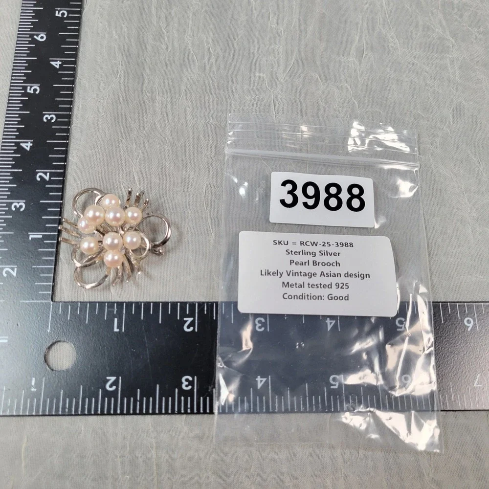 Vintage Sterling Silver Cultured Pearl Ribbon Spray Brooch Pin 11.73g